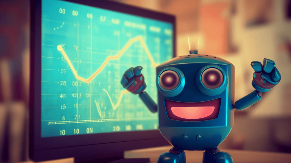 AI robot smiling in front of a business growth graph